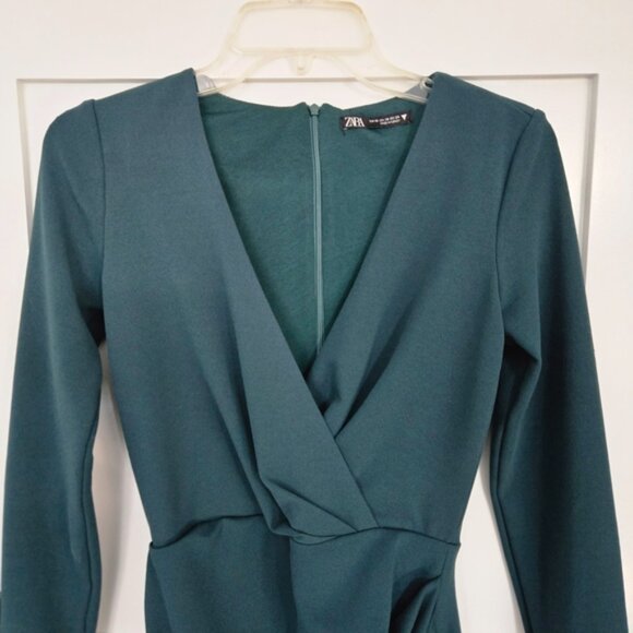 Zara Dark Green V-Neck Faux-Wrap Dress Size XS - Picture 2 of 14